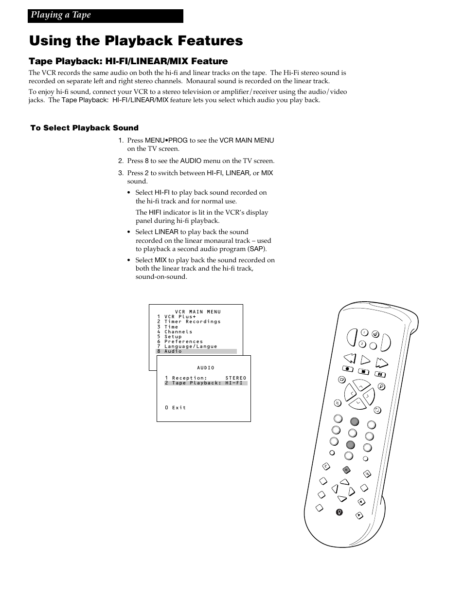 Using the playback features, 27 playing a tape, Tape playback: hi-fi/linear/mix feature | RCA VR688HF User Manual | Page 29 / 64