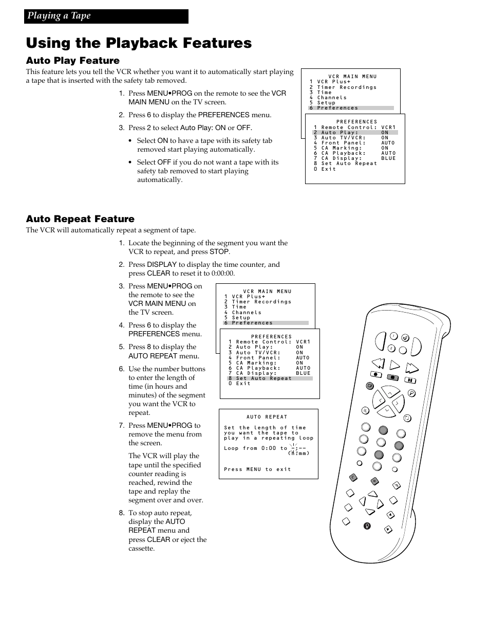 Using the playback features, 28 playing a tape, Auto play feature | Auto repeat feature | RCA VR688HF User Manual | Page 30 / 64