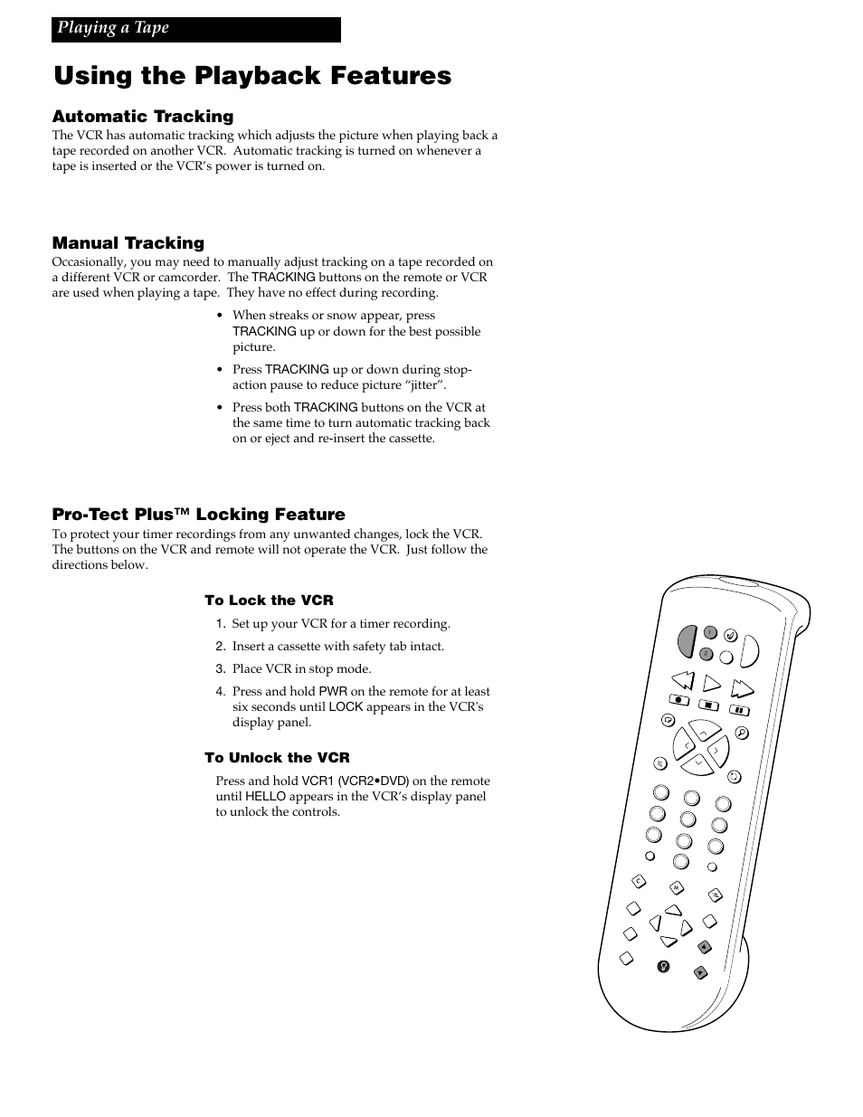 Using the playback features, Playing a tape automatic tracking, Manual tracking | Pro-tect plus™ locking feature | RCA VR688HF User Manual | Page 33 / 64