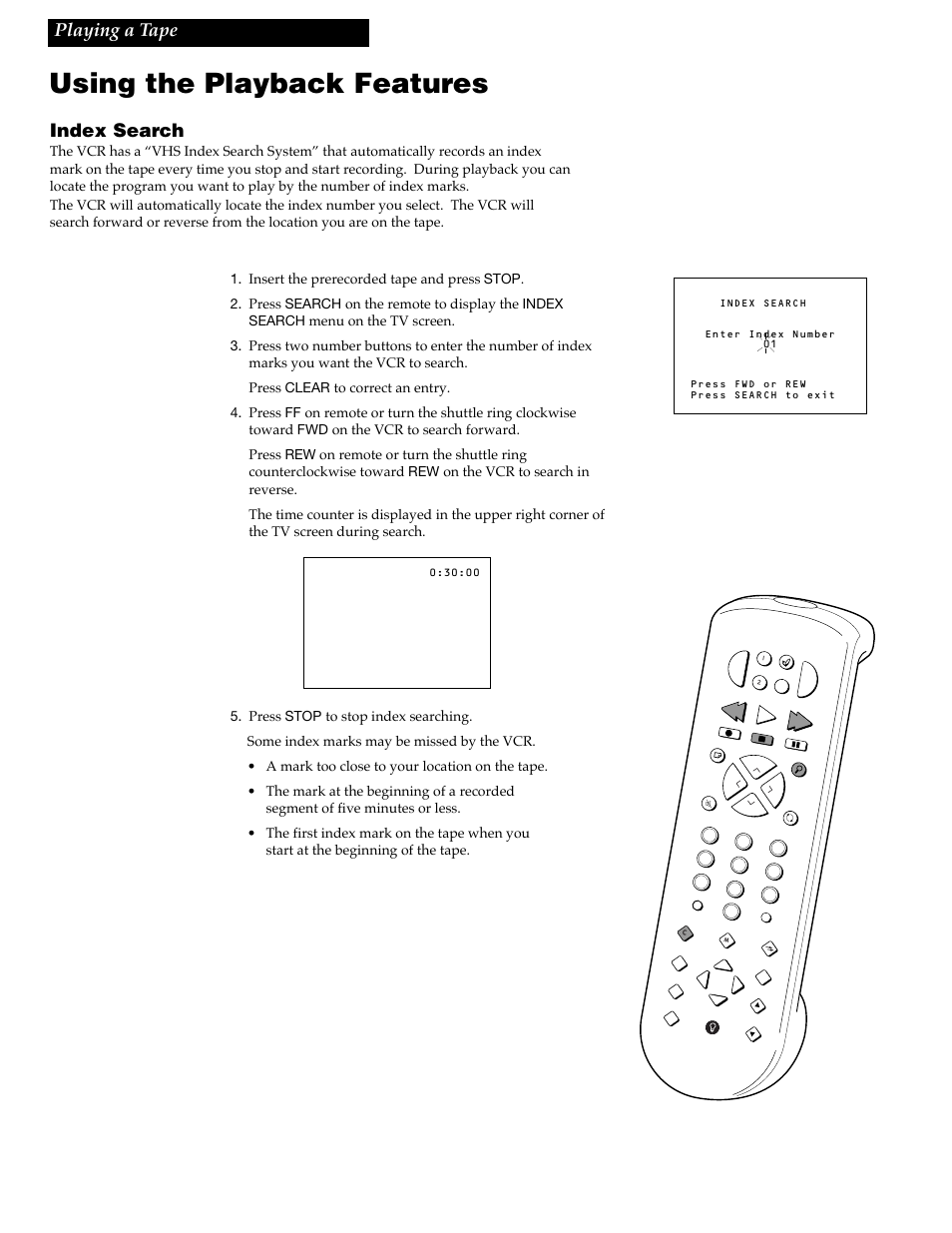 Using the playback features, Playing a tape, Index search | RCA VR688HF User Manual | Page 34 / 64