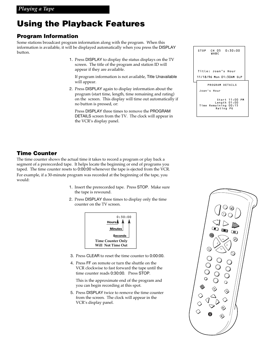 Using the playback features, Playing a tape time counter, Program information | RCA VR688HF User Manual | Page 37 / 64
