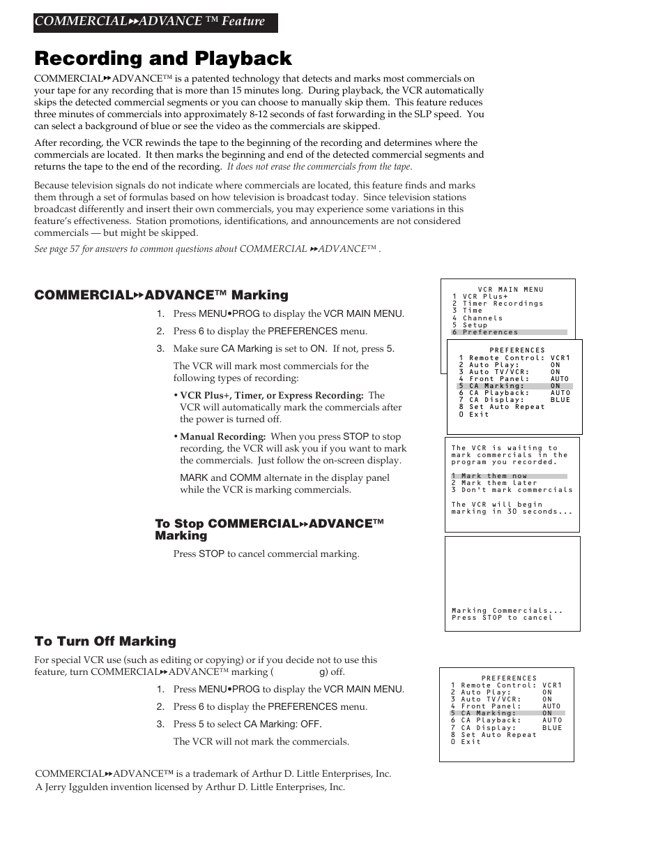 Commercial a advance ª feature, Recording and playback, 36 commercial | Advance™ marking, Commercial, Advance ª feature | RCA VR688HF User Manual | Page 38 / 64