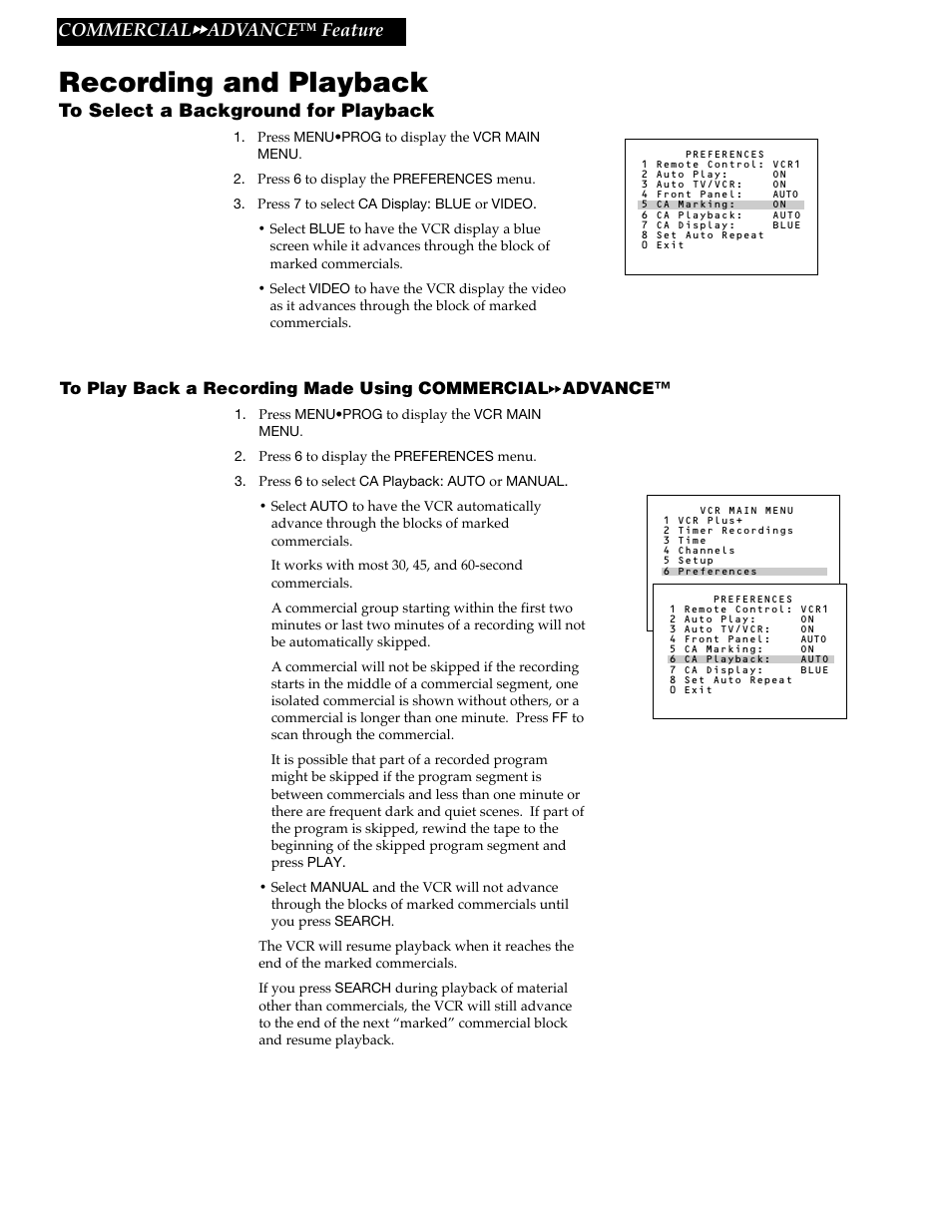 Recording and playback, 37 to select a background for playback, Commercial | Advanceª feature | RCA VR688HF User Manual | Page 39 / 64