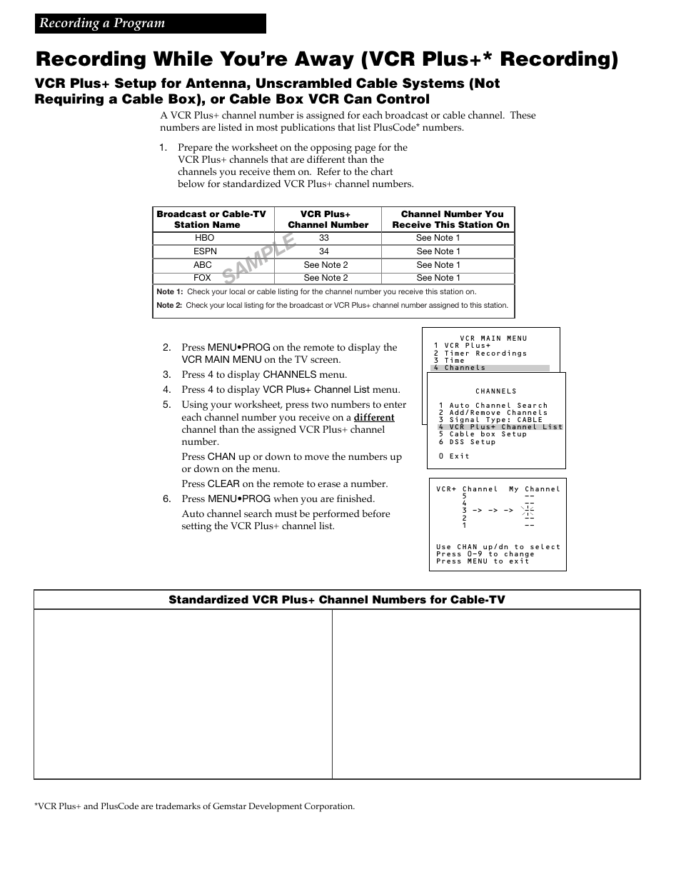 Recording while you’re away, Recording while you’re away (vcr plus+* recording), Sample | 40 recording a program | RCA VR688HF User Manual | Page 42 / 64