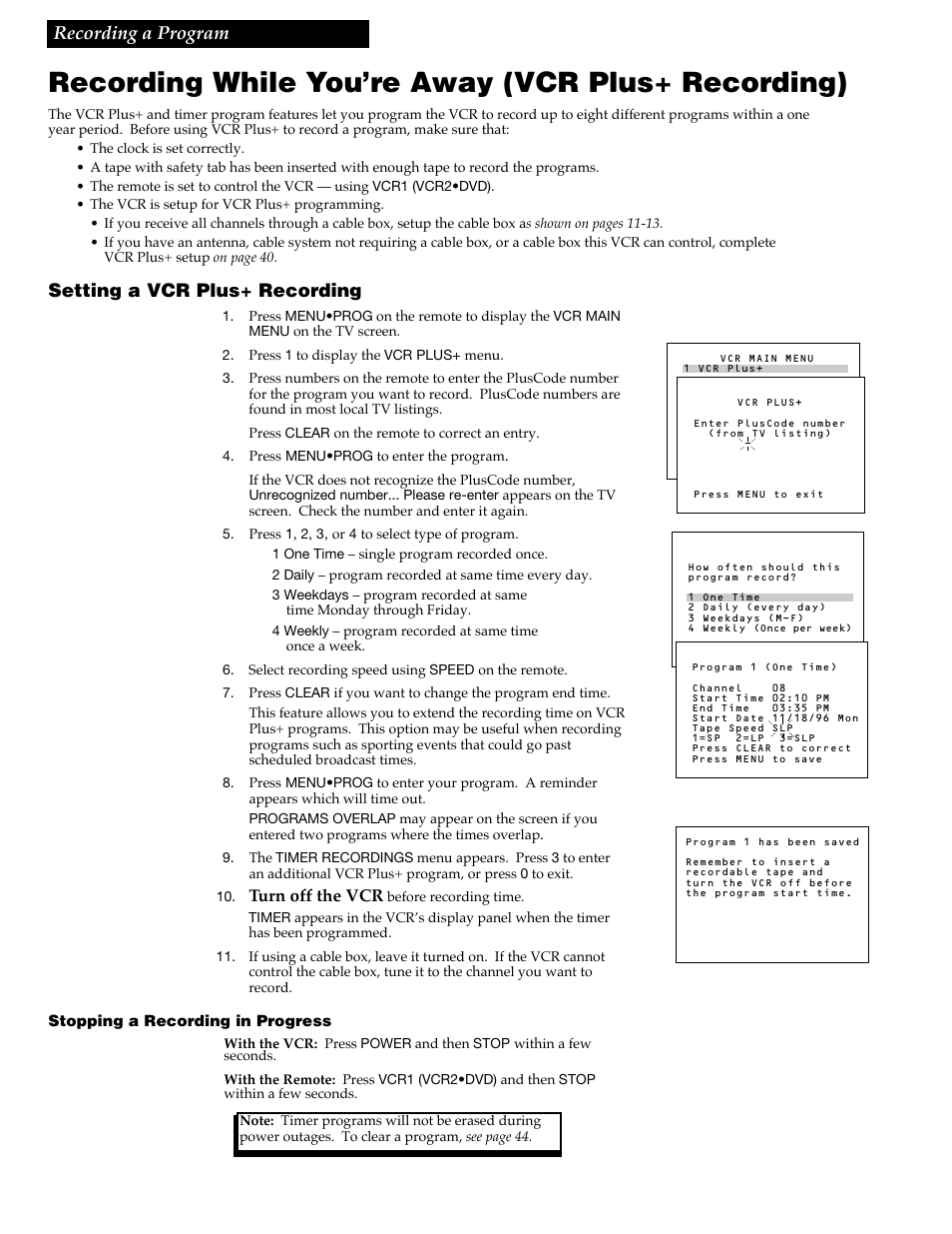 Recording while you’re away (vcr plus+ recording), 42 recording a program, Setting a vcr plus+ recording | RCA VR688HF User Manual | Page 44 / 64