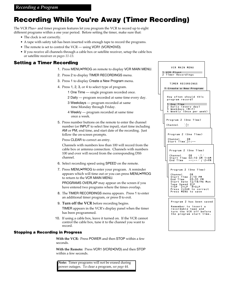Recording while you’re away (timer recording), 43 recording a program, Setting a timer recording | RCA VR688HF User Manual | Page 45 / 64
