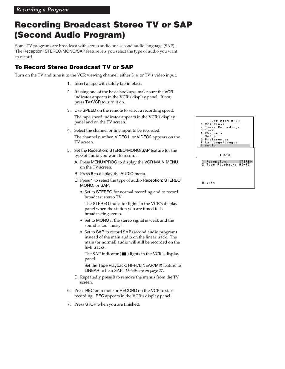 Recording broadcast stereo tv or sap, 46 to record stereo broadcast tv or sap, Recording a program | RCA VR688HF User Manual | Page 48 / 64