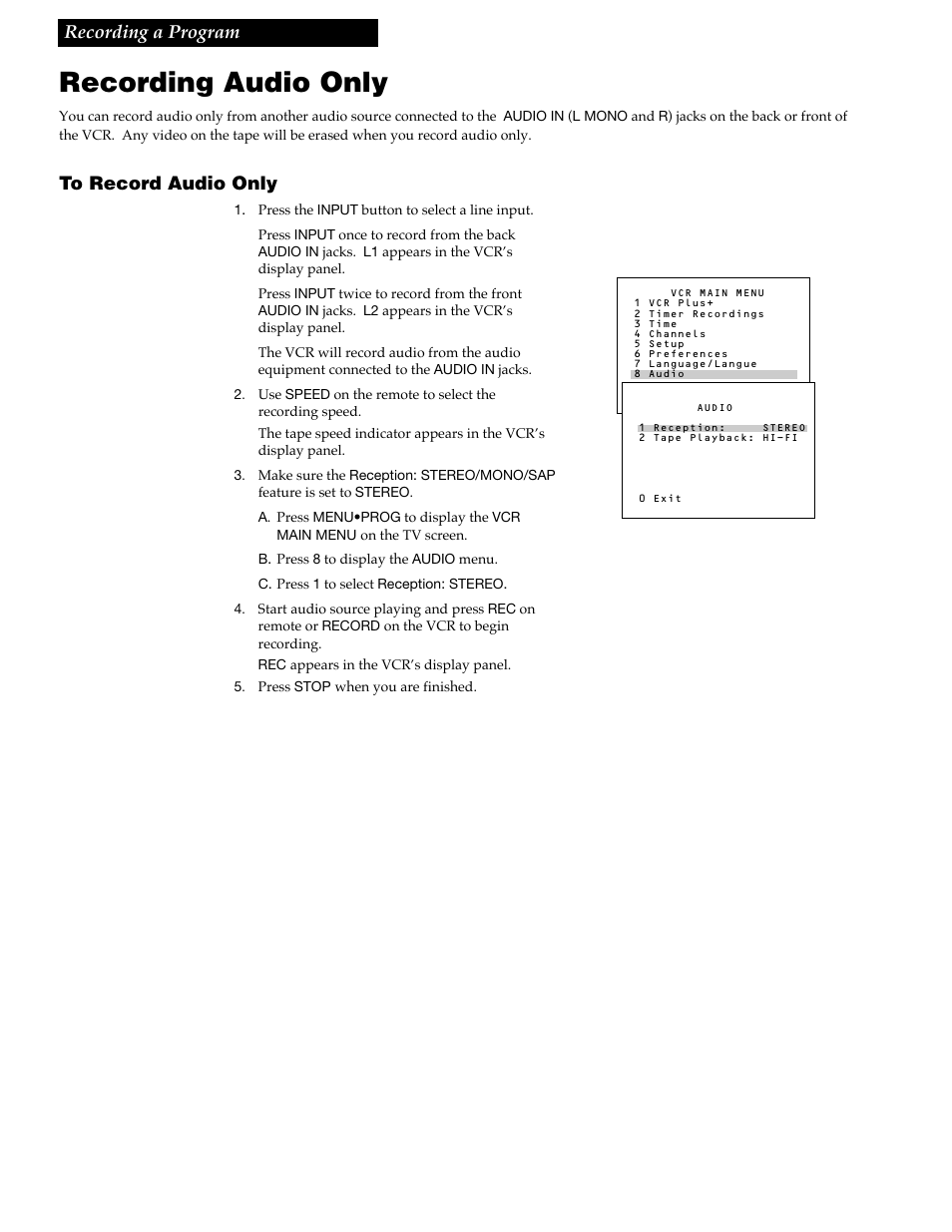 Recording audio only, Recording a program | RCA VR688HF User Manual | Page 49 / 64