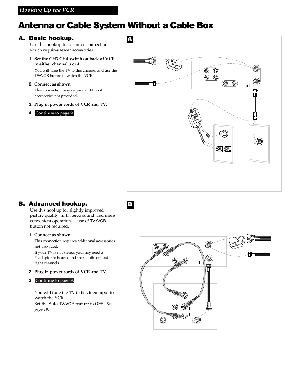 Antenna or cable system without a cable box, 3hooking up the vcr, A. basic hookup | B. advanced hookup, Back of tv back of vcr, Back of vcr back of tv, Vhf uhf, Connect as shown, Plug in power cords of vcr and tv. 4 | RCA VR688HF User Manual | Page 5 / 64