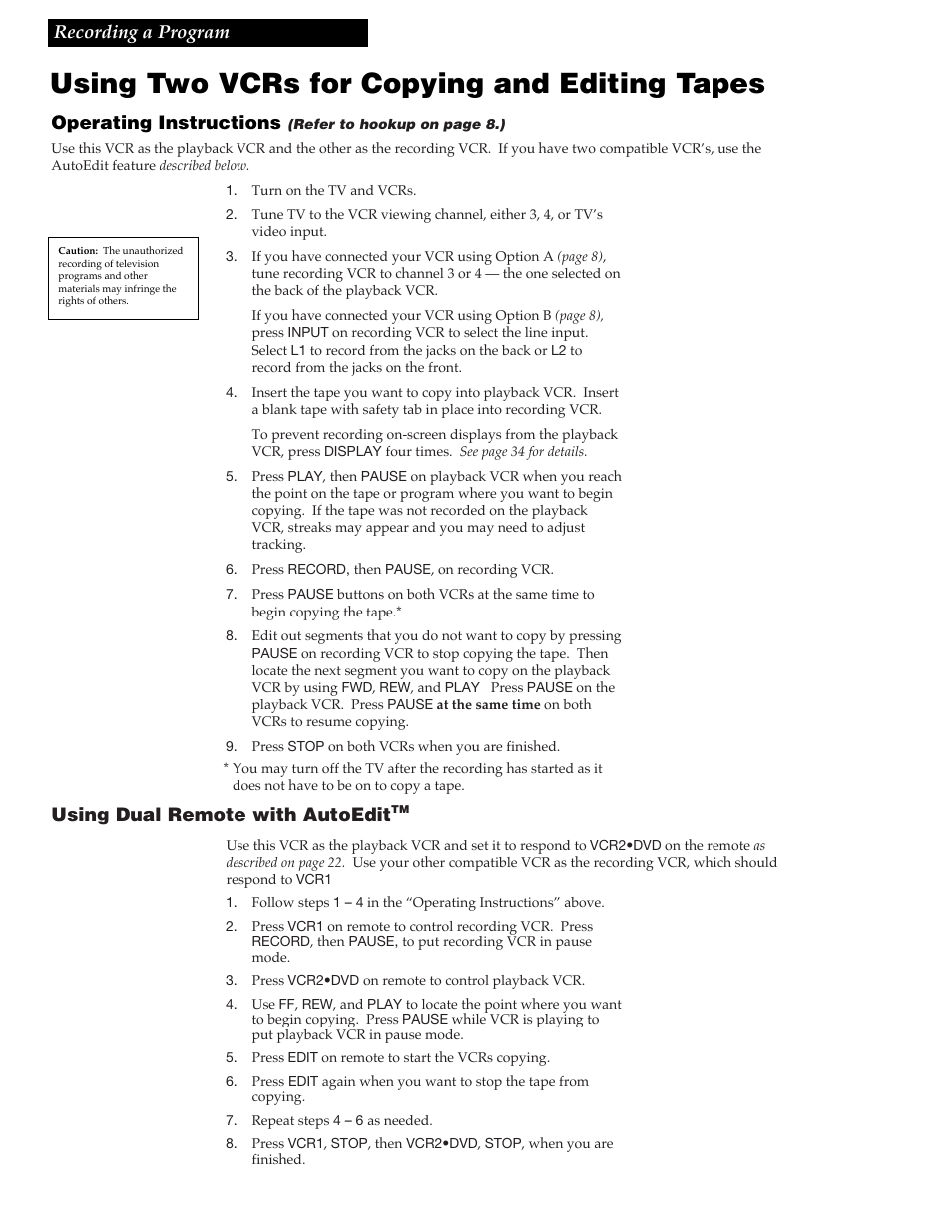 Using two vcrs for copying and editing tapes, 48 recording a program, Operating instructions | Using dual remote with autoedit | RCA VR688HF User Manual | Page 50 / 64