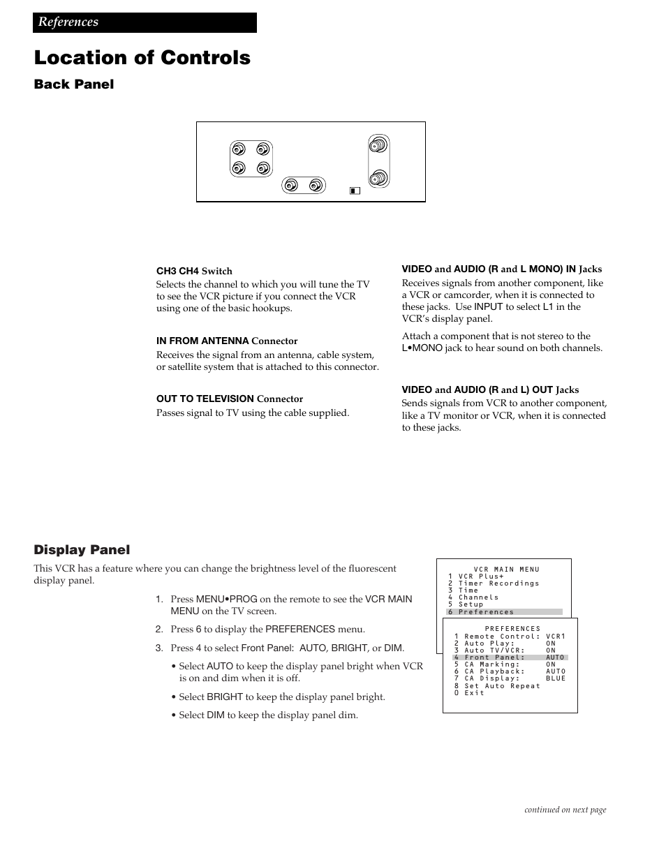 Location of controls, 50 references, Back panel | Display panel | RCA VR688HF User Manual | Page 52 / 64