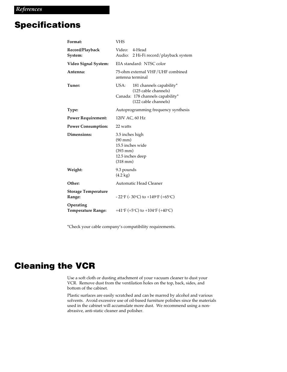 Specifications, Cleaning the vcr | RCA VR688HF User Manual | Page 54 / 64