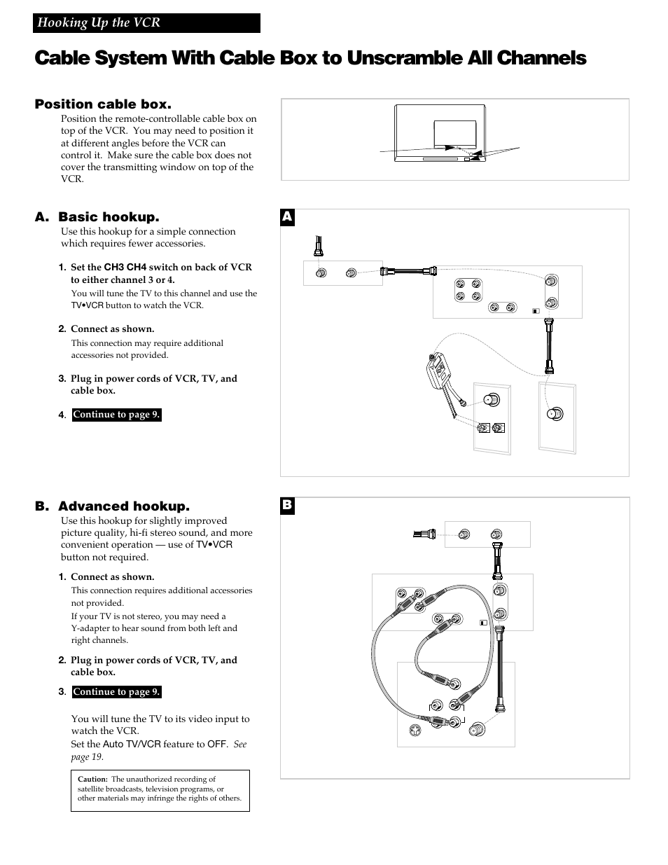 4hooking up the vcr, Position cable box, A. basic hookup | B. advanced hookup, Connect as shown, Plug in power cords of vcr, tv, and cable box. 4, Back of vcr, Back of tv, Cable box | RCA VR688HF User Manual | Page 6 / 64