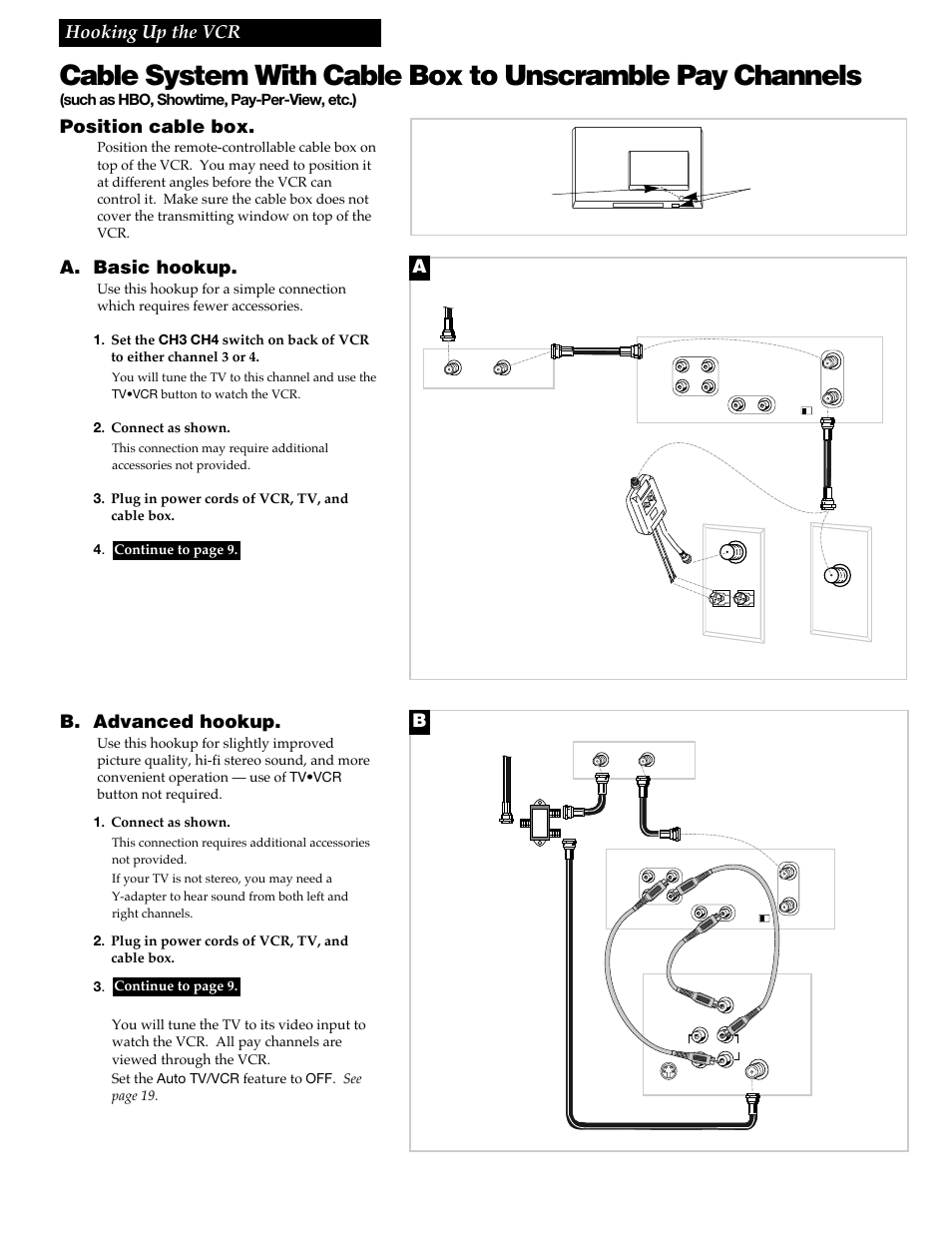5hooking up the vcr, Position cable box, A. basic hookup | B. advanced hookup, Such as hbo, showtime, pay-per-view, etc.), Connect as shown, Plug in power cords of vcr, tv, and cable box. 4, Back of vcr, Cable box, Back of tv | RCA VR688HF User Manual | Page 7 / 64