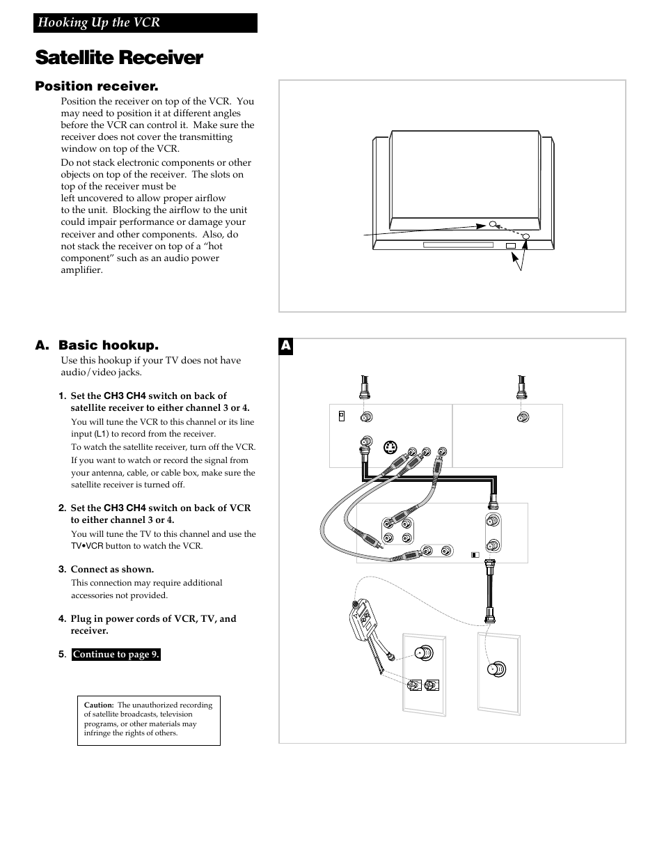 Satellite receiver, 6hooking up the vcr, Position receiver | A. basic hookup, Back of vcr back of satellite receiver, Back of tv, Connect as shown | RCA VR688HF User Manual | Page 8 / 64