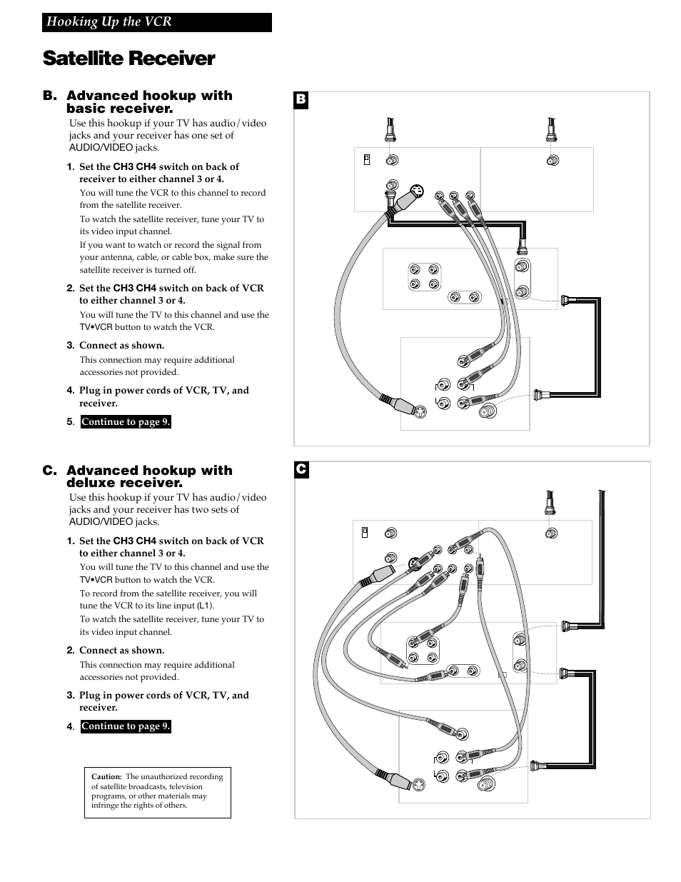 Satellite receiver, 7hooking up the vcr, B. advanced hookup with basic receiver | C. advanced hookup with deluxe receiver, Connect as shown, Plug in power cords of vcr, tv, and receiver. 5, Back of tv, Back of vcr back of satellite receiver | RCA VR688HF User Manual | Page 9 / 64