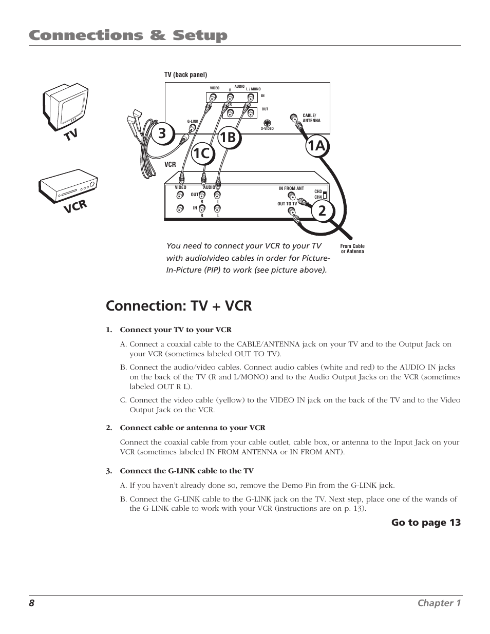 Connections & setup, 1a 1b 1c connection: tv + vcr, Tv vcr | 8chapter 1, Go to page 13 | RCA F27669 User Manual | Page 10 / 64