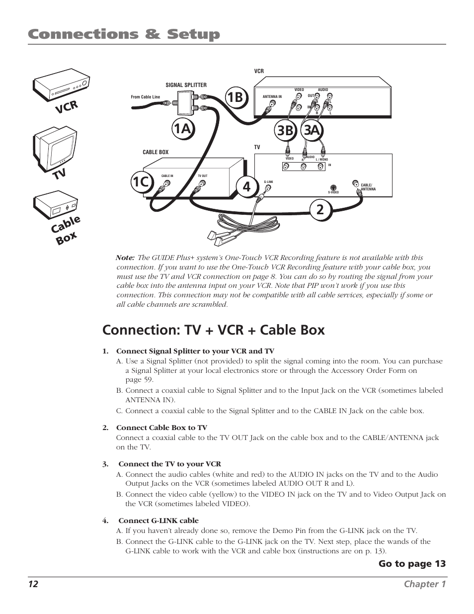 Connections & setup, Connection: tv + vcr + cable box, Tv cable box vcr | 12 chapter 1, Go to page 13 | RCA F27669 User Manual | Page 14 / 64