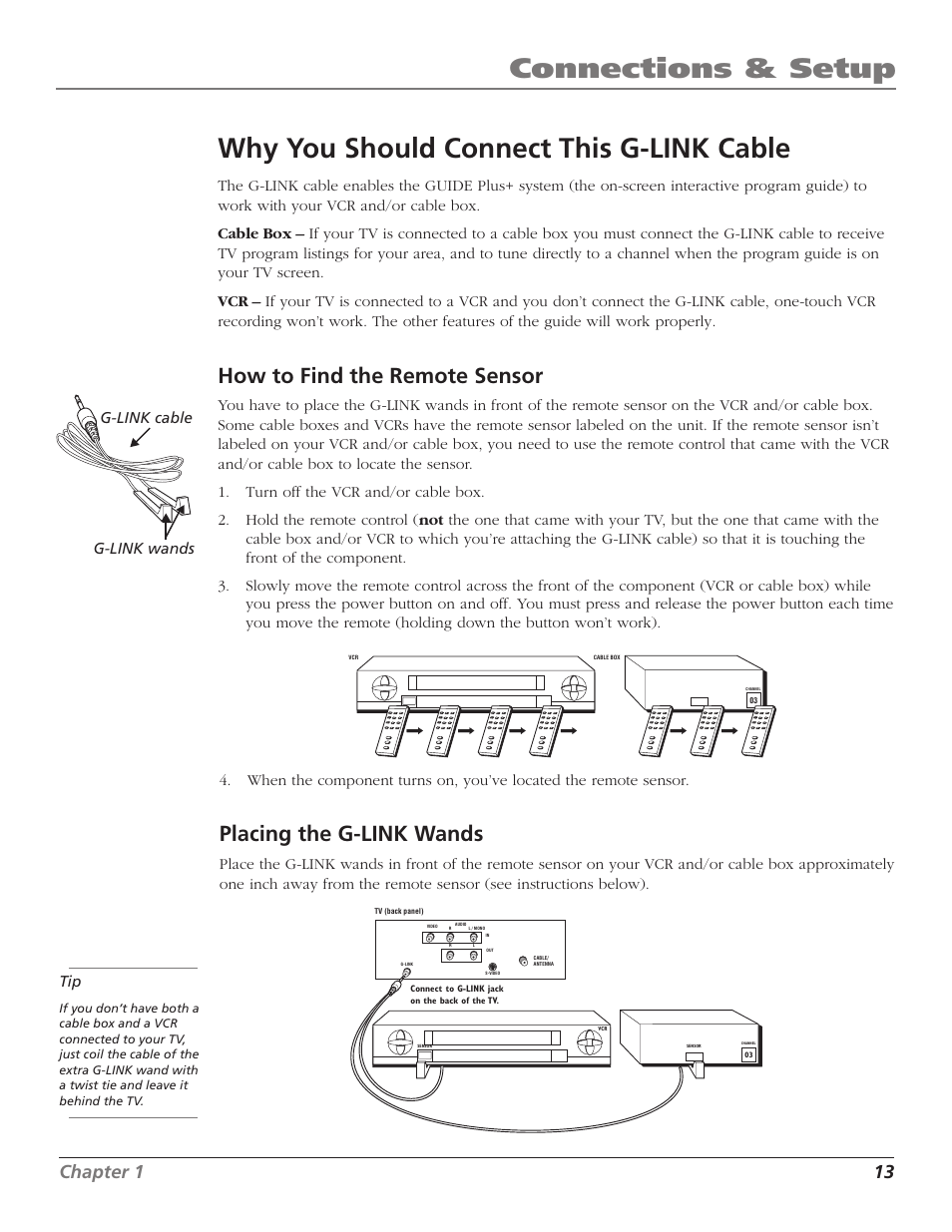 Connections & setup, Why you should connect this g-link cable, How to find the remote sensor | Placing the g-link wands, Chapter 1 13, G-link wands g-link cable | RCA F27669 User Manual | Page 15 / 64