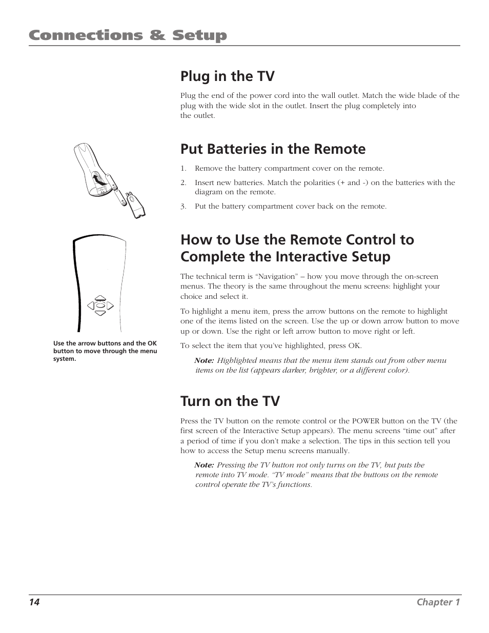 Connections & setup, Plug in the tv, Put batteries in the remote | Turn on the tv | RCA F27669 User Manual | Page 16 / 64