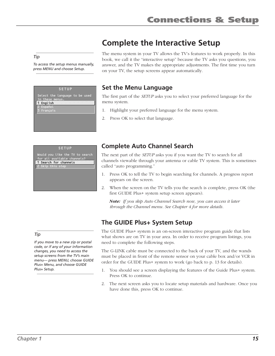 Connections & setup, Complete the interactive setup, Set the menu language | Complete auto channel search, The guide plus+ system setup | RCA F27669 User Manual | Page 17 / 64