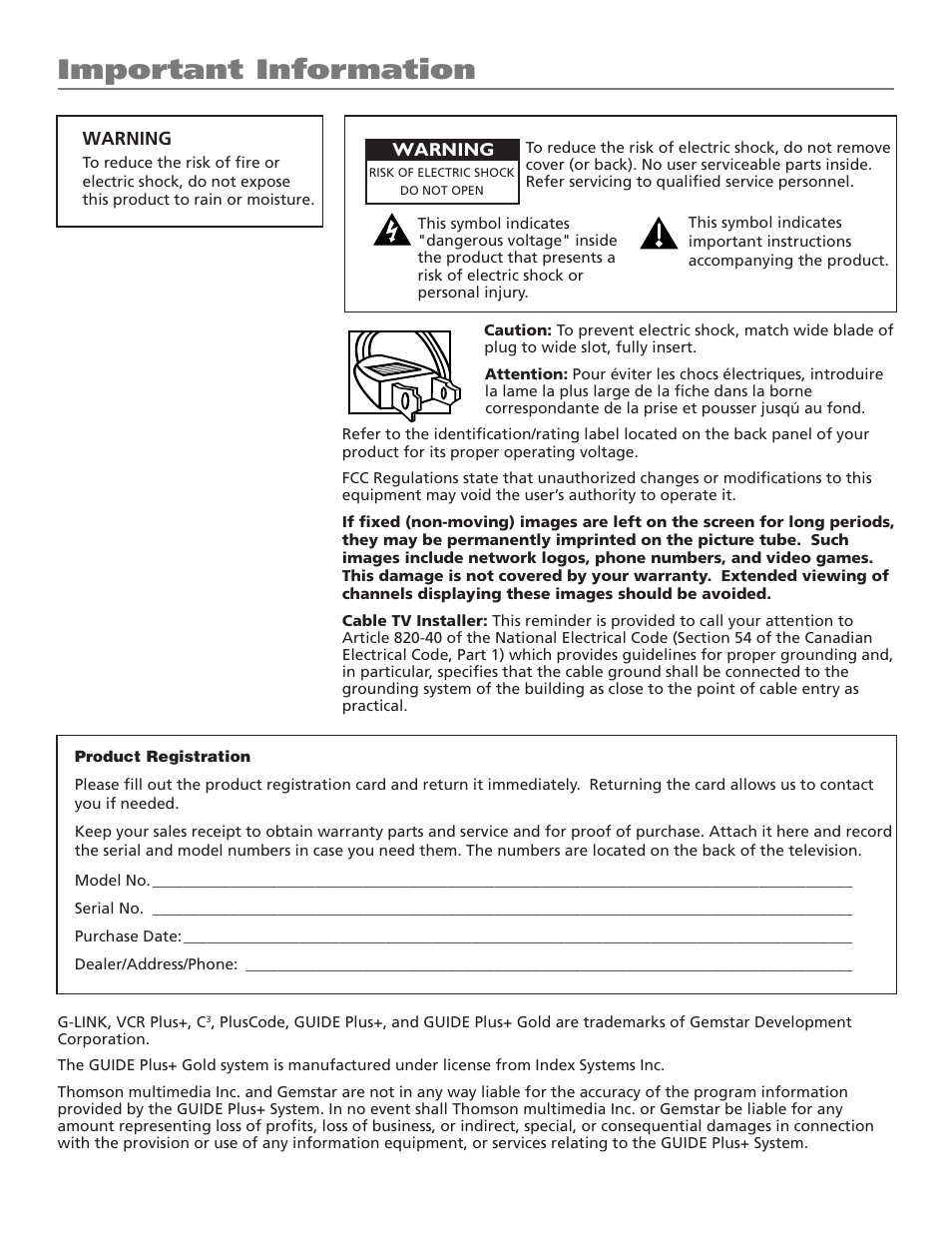 Important information | RCA F27669 User Manual | Page 2 / 64