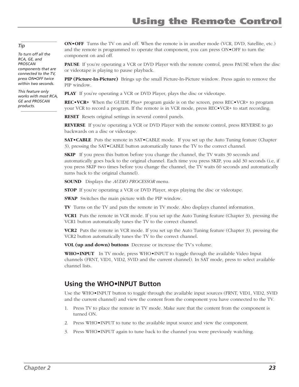 Using the remote control, Using the who•input button | RCA F27669 User Manual | Page 25 / 64