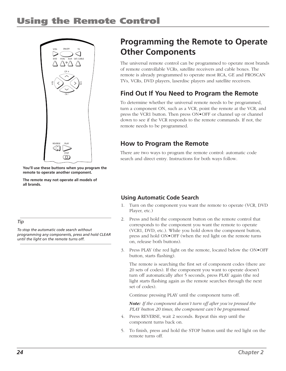 Using the remote control, Programming the remote to operate other components, Find out if you need to program the remote | How to program the remote, 24 chapter 2, Using automatic code search | RCA F27669 User Manual | Page 26 / 64