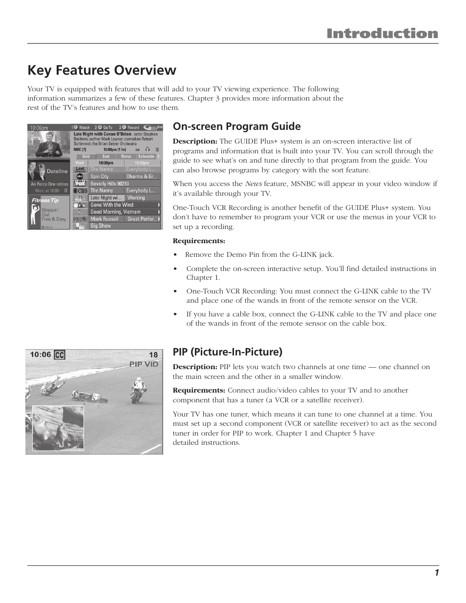 Introduction, Key features overview, On-screen program guide | Pip (picture-in-picture) | RCA F27669 User Manual | Page 3 / 64