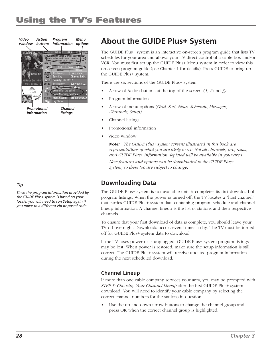 Using the tv’s features, About the guide plus+ system, Downloading data | RCA F27669 User Manual | Page 30 / 64