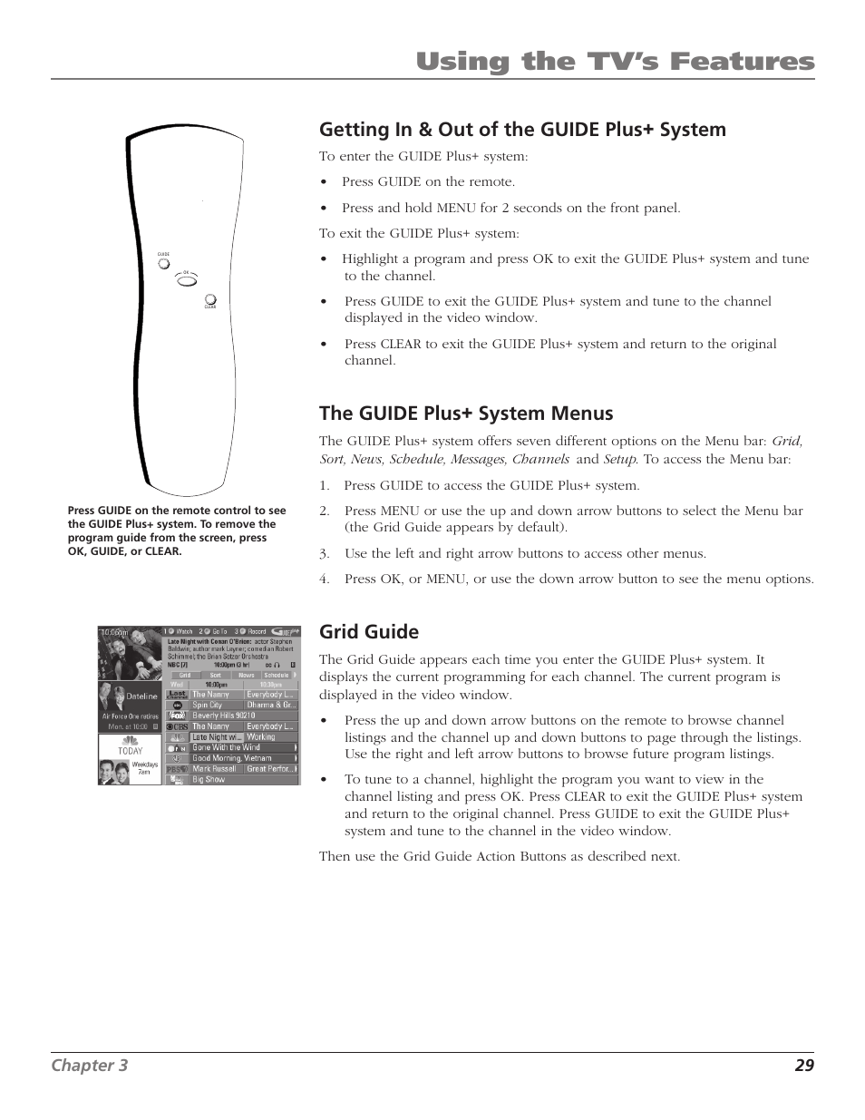 Using the tv’s features, Getting in & out of the guide plus+ system, The guide plus+ system menus | Grid guide | RCA F27669 User Manual | Page 31 / 64