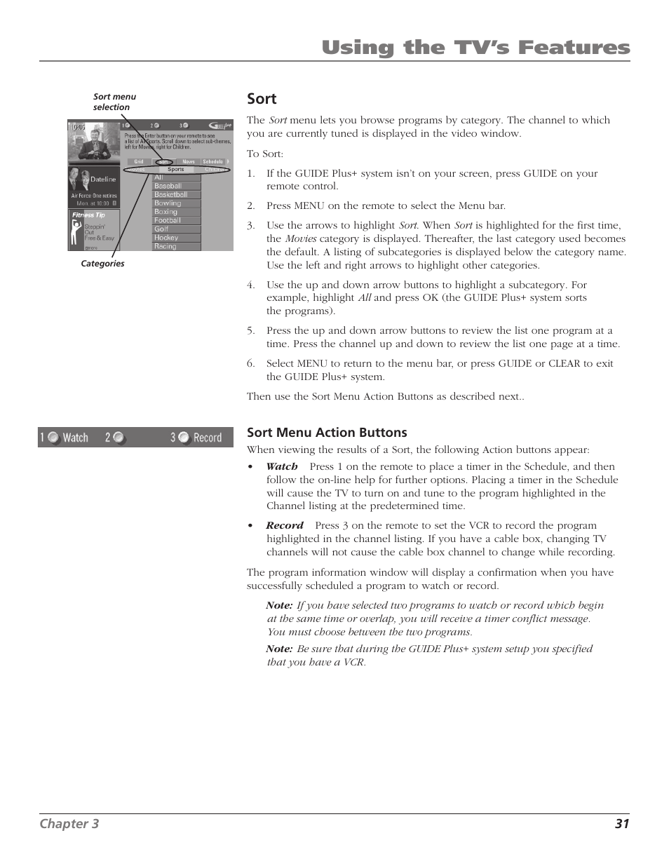 Using the tv’s features, Sort | RCA F27669 User Manual | Page 33 / 64