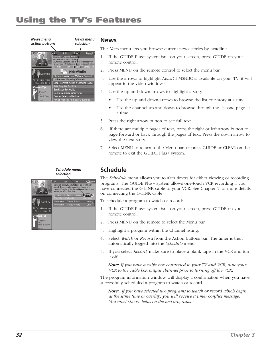 Using the tv’s features, News, Schedule | RCA F27669 User Manual | Page 34 / 64