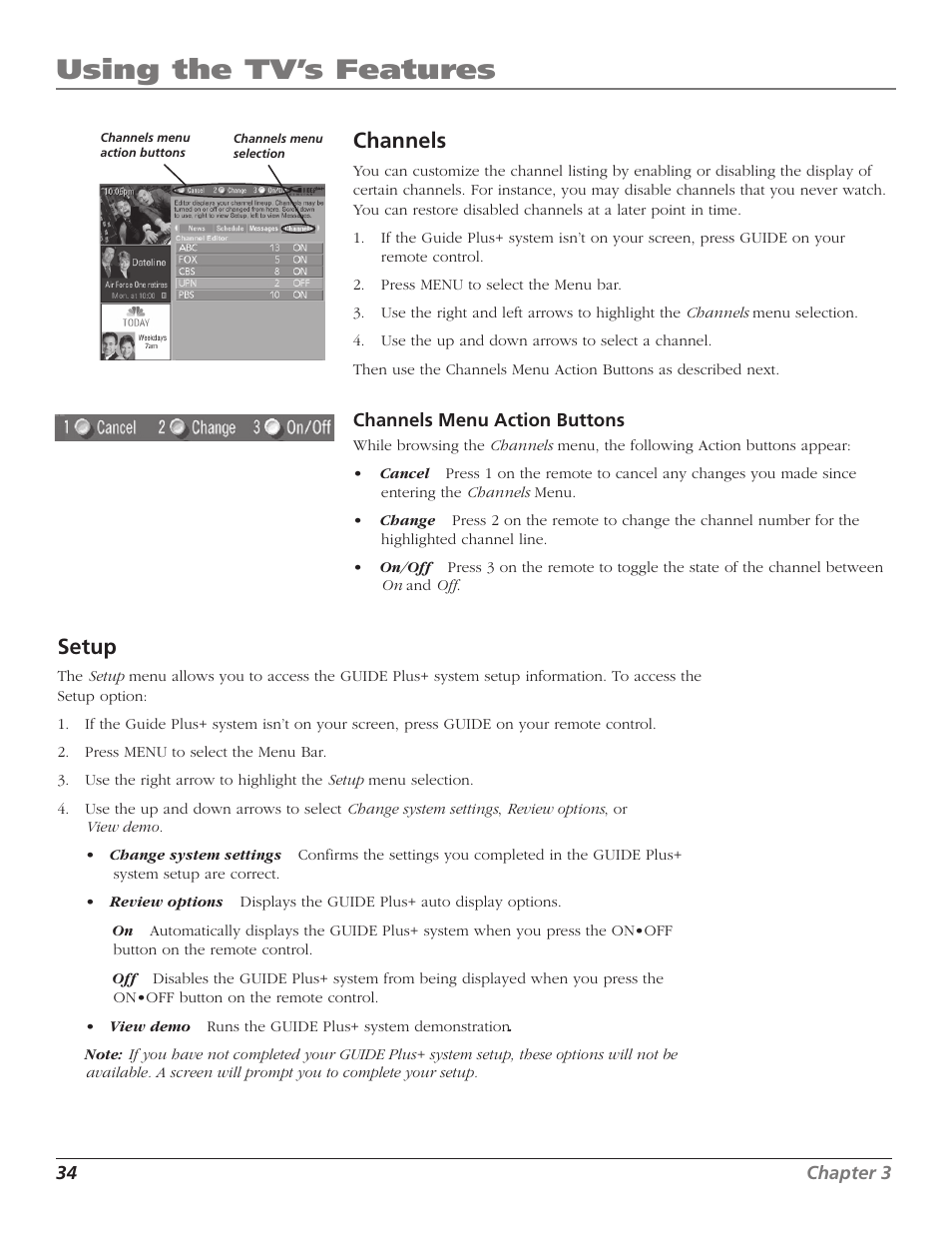 Using the tv’s features, Channels, Setup | RCA F27669 User Manual | Page 36 / 64