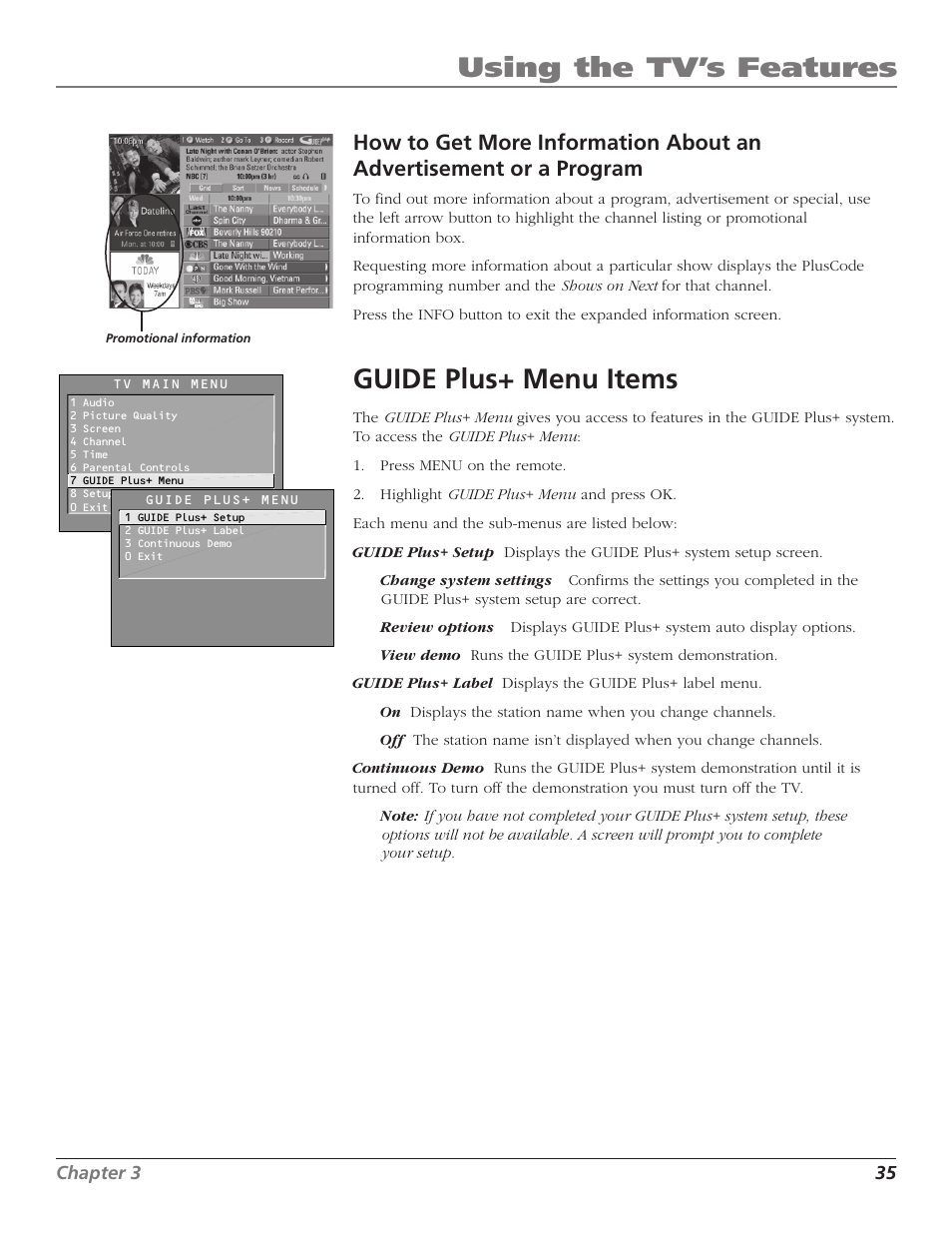 Using the tv’s features, Guide plus+ menu items | RCA F27669 User Manual | Page 37 / 64