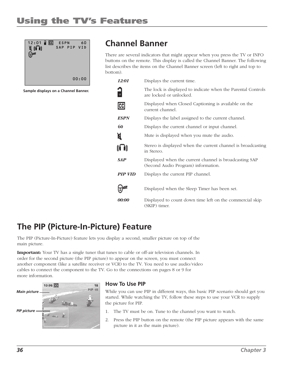 Using the tv’s features, Channel banner, The pip (picture-in-picture) feature | RCA F27669 User Manual | Page 38 / 64