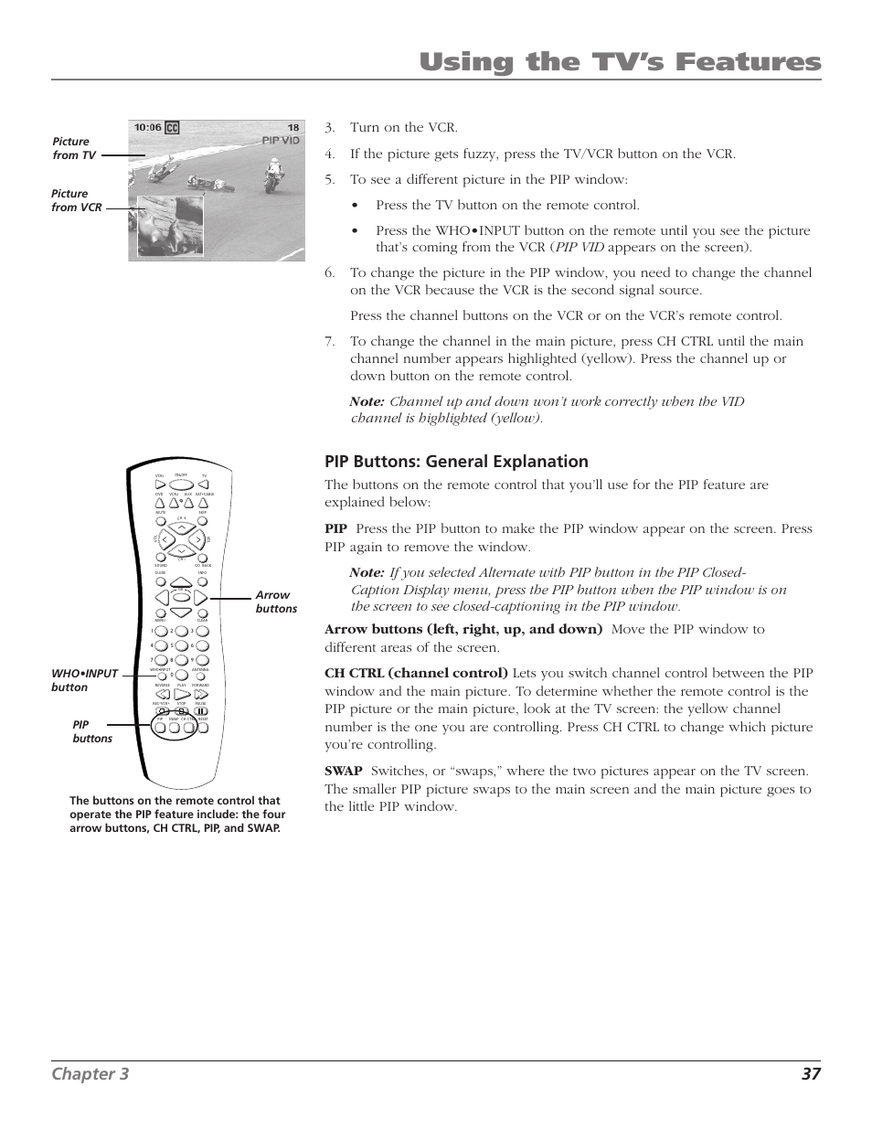 Using the tv’s features, Chapter 3 37, Pip buttons: general explanation | RCA F27669 User Manual | Page 39 / 64