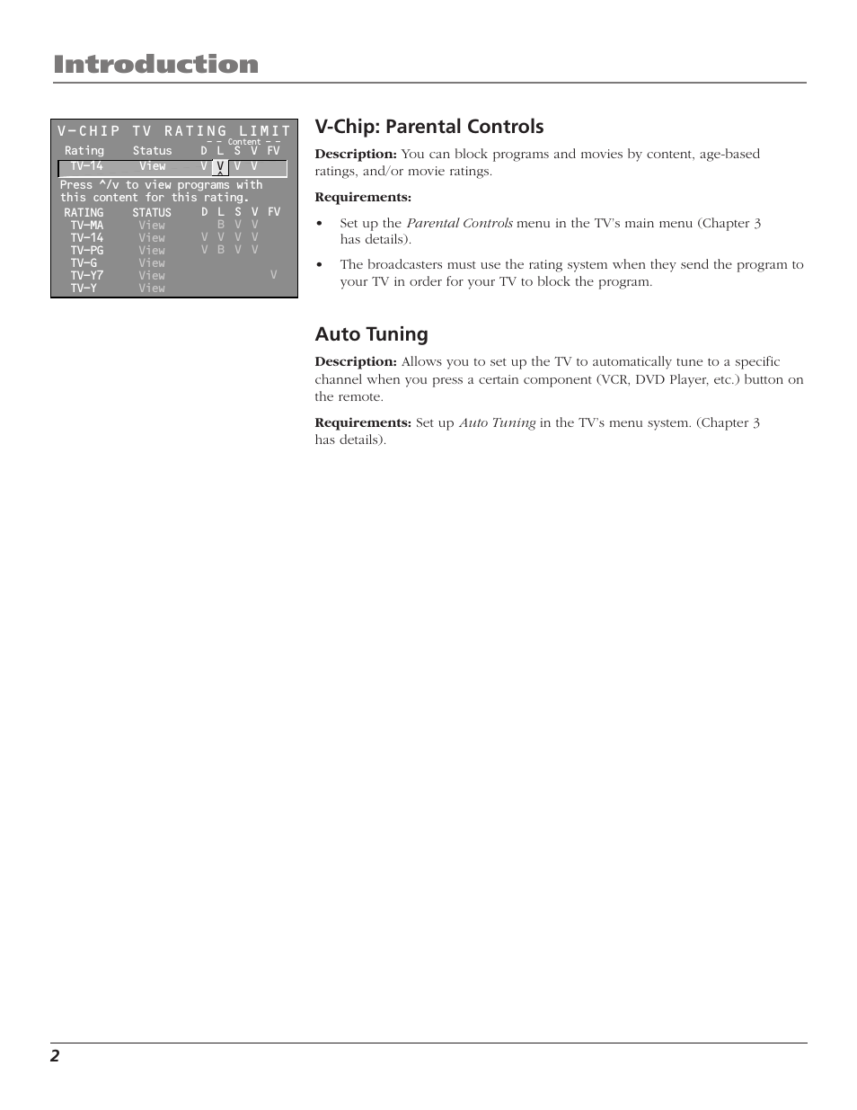 Introduction, V-chip: parental controls, Auto tuning | RCA F27669 User Manual | Page 4 / 64
