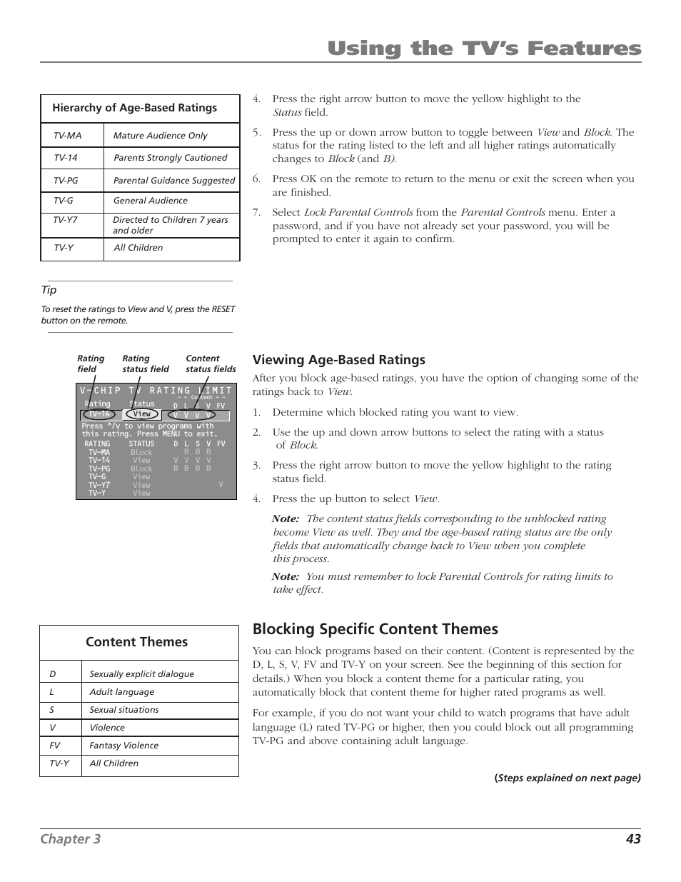 Using the tv’s features, Blocking specific content themes, Chapter 3 43 | Viewing age-based ratings, Content themes | RCA F27669 User Manual | Page 45 / 64