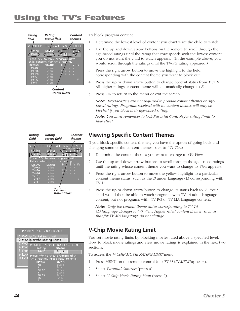 Using the tv’s features, Viewing specific content themes, V-chip movie rating limit | 44 chapter 3 | RCA F27669 User Manual | Page 46 / 64