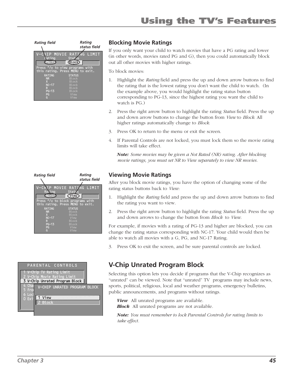 Using the tv’s features, V-chip unrated program block, Chapter 3 45 blocking movie ratings | Viewing movie ratings | RCA F27669 User Manual | Page 47 / 64