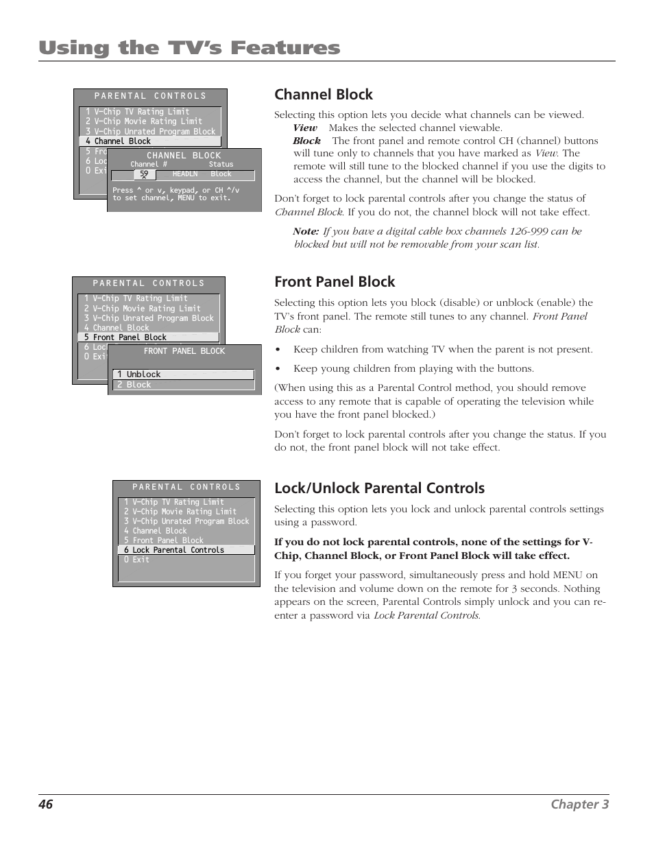 Using the tv’s features, Channel block, Front panel block | Lock/unlock parental controls, 46 chapter 3 | RCA F27669 User Manual | Page 48 / 64