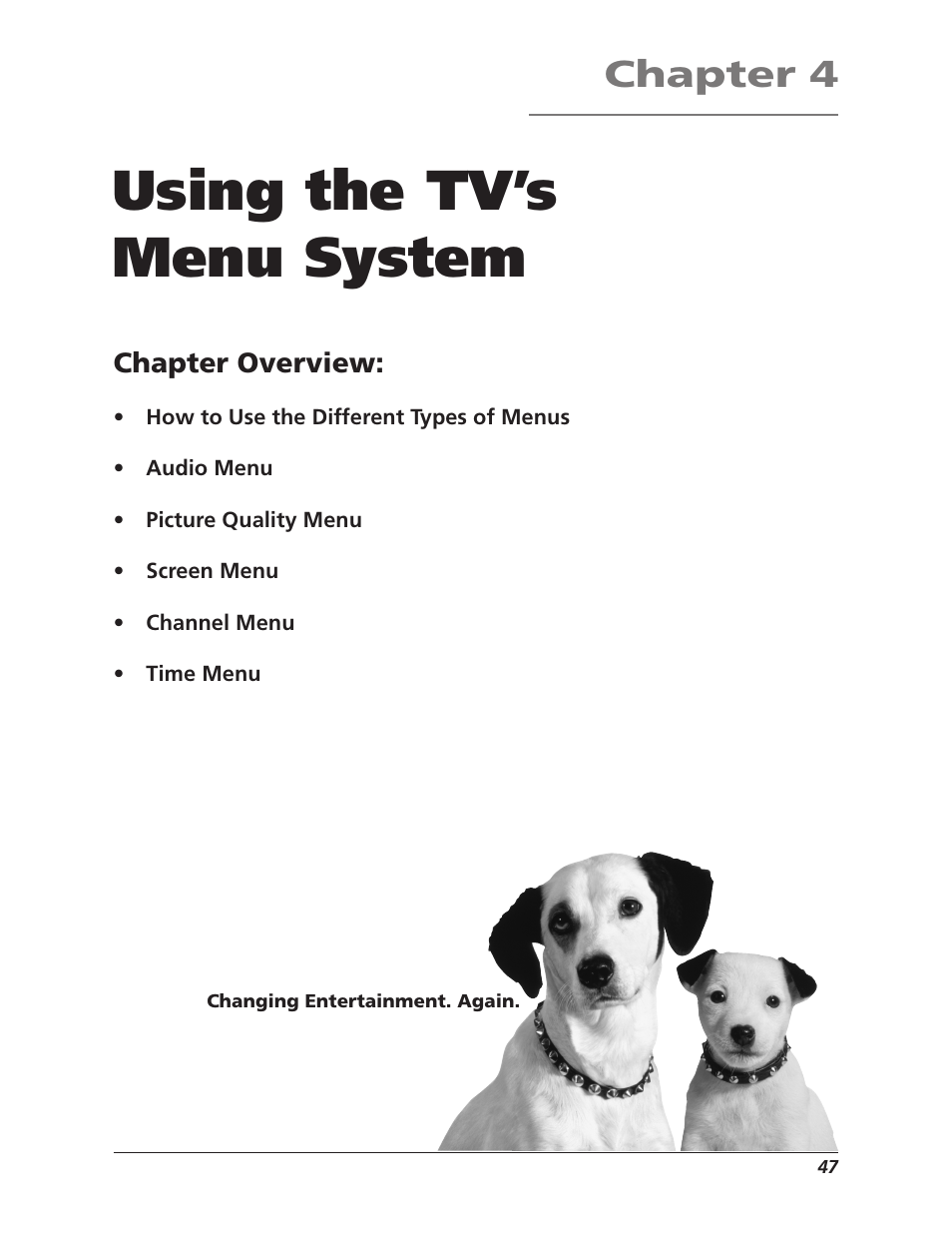 Using the tv’s menu system, Chapter 4, Chapter overview | RCA F27669 User Manual | Page 49 / 64