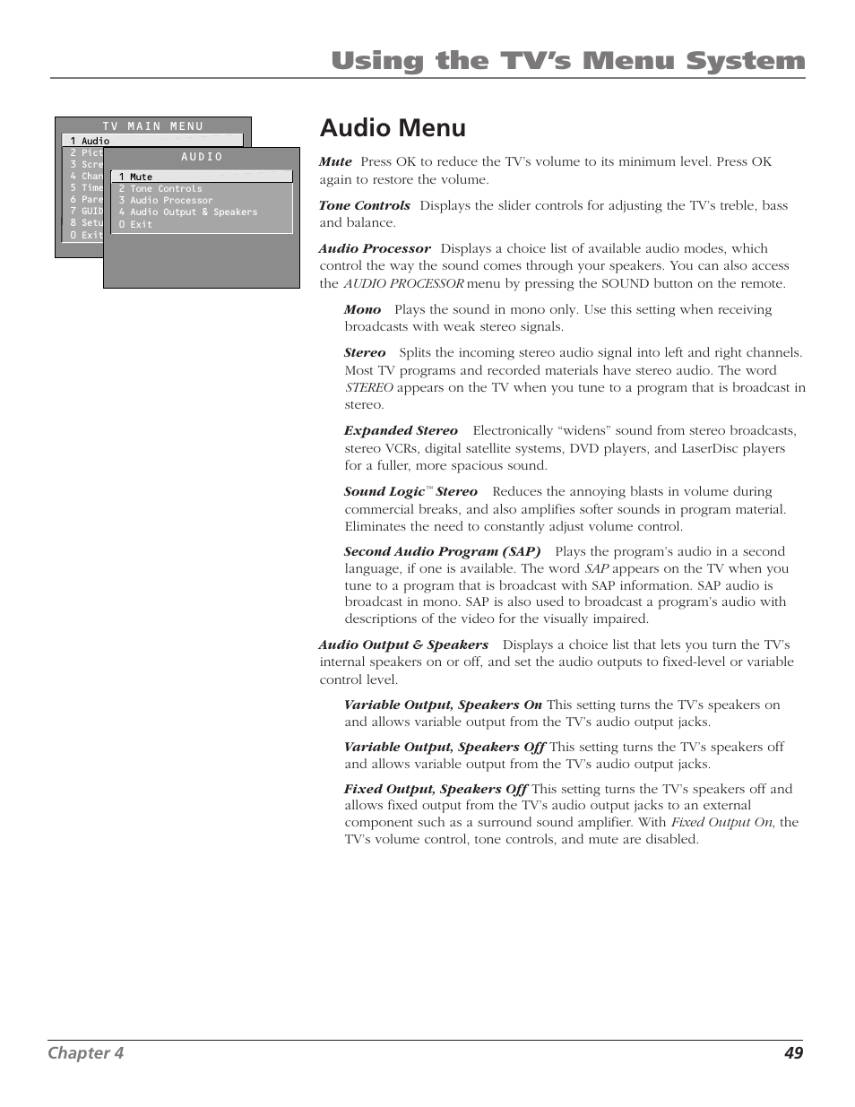 Using the tv’s menu system audio menu | RCA F27669 User Manual | Page 51 / 64