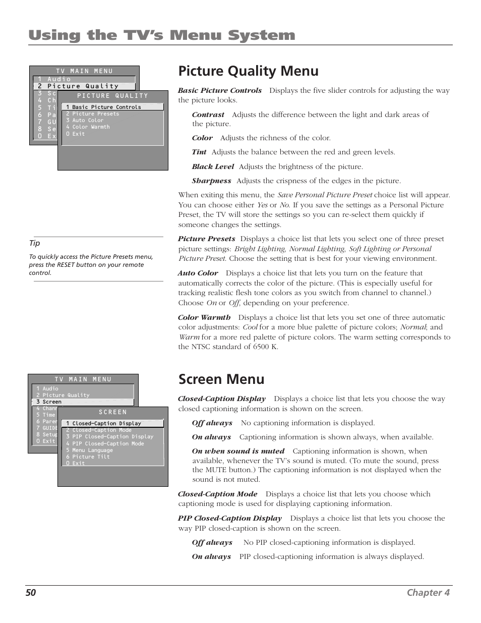 Using the tv’s menu system, Picture quality menu, Screen menu | RCA F27669 User Manual | Page 52 / 64