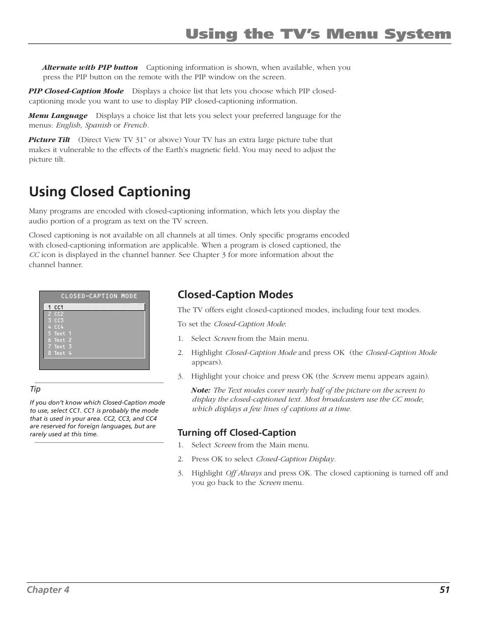 Using the tv’s menu system, Using closed captioning, Closed-caption modes | RCA F27669 User Manual | Page 53 / 64