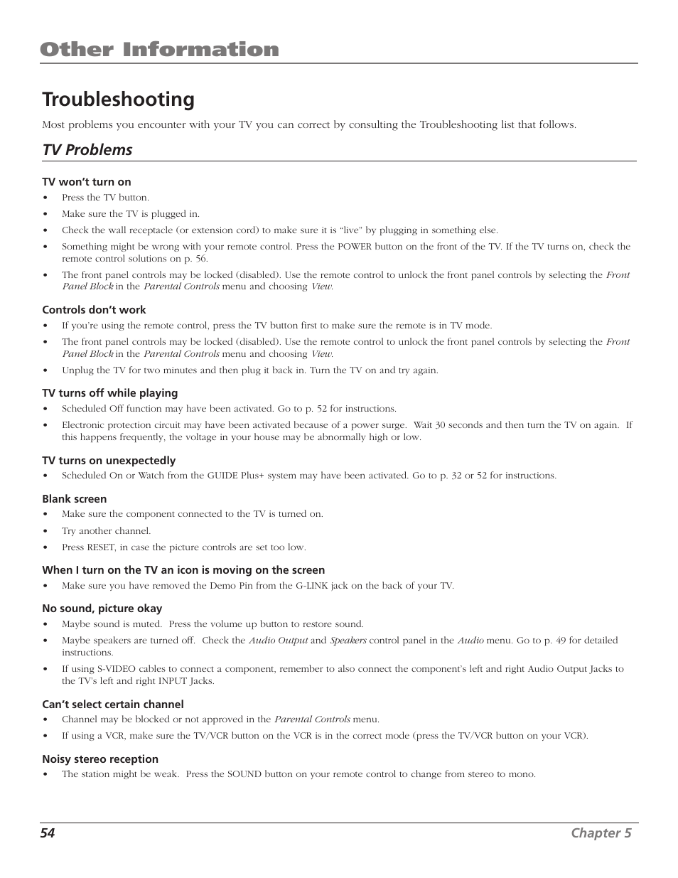 Other information, Troubleshooting, Tv problems | RCA F27669 User Manual | Page 56 / 64