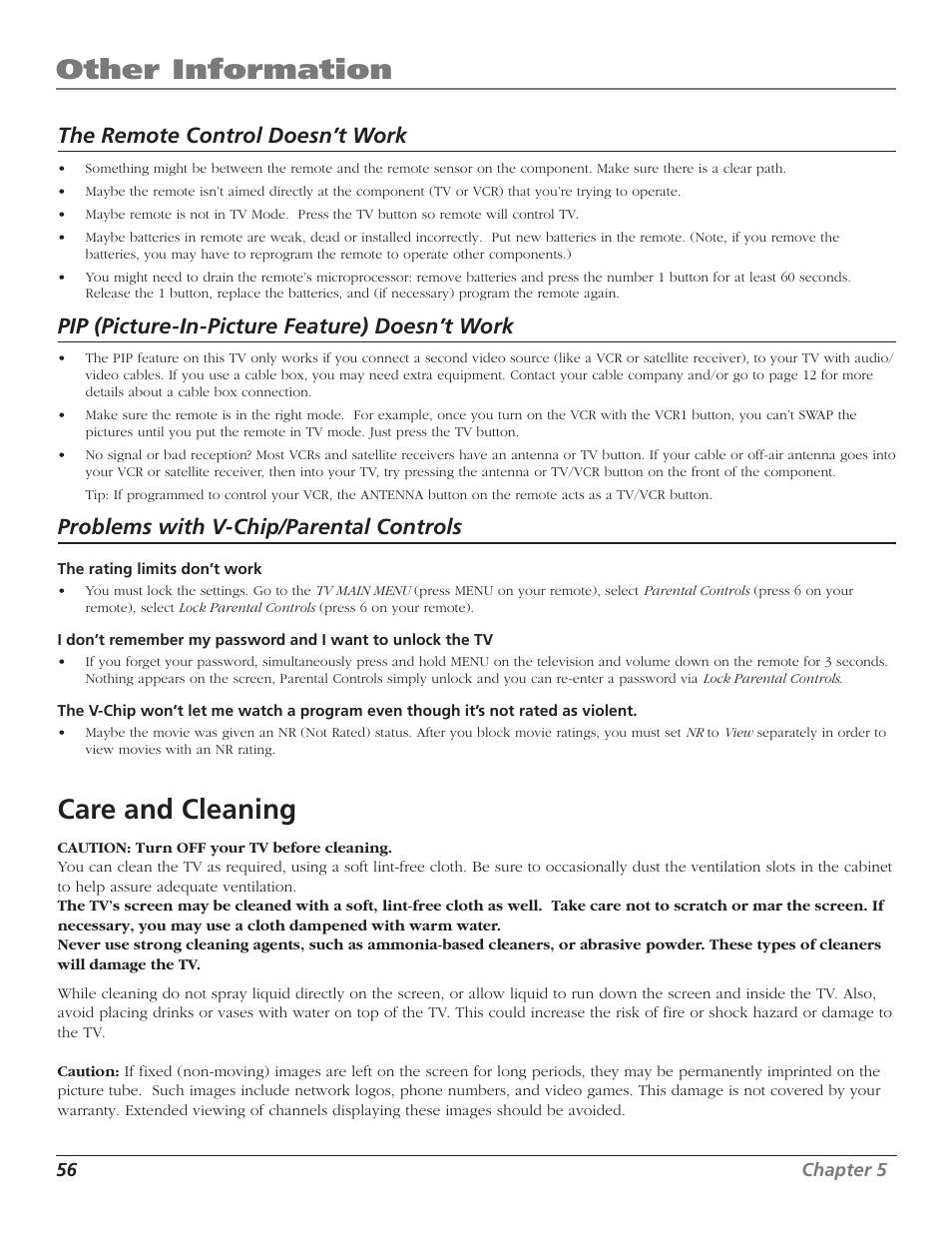 Other information, Care and cleaning, The remote control doesn’t work | Pip (picture-in-picture feature) doesn’t work, Problems with v-chip/parental controls | RCA F27669 User Manual | Page 58 / 64