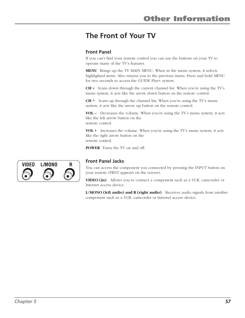 Other information the front of your tv | RCA F27669 User Manual | Page 59 / 64