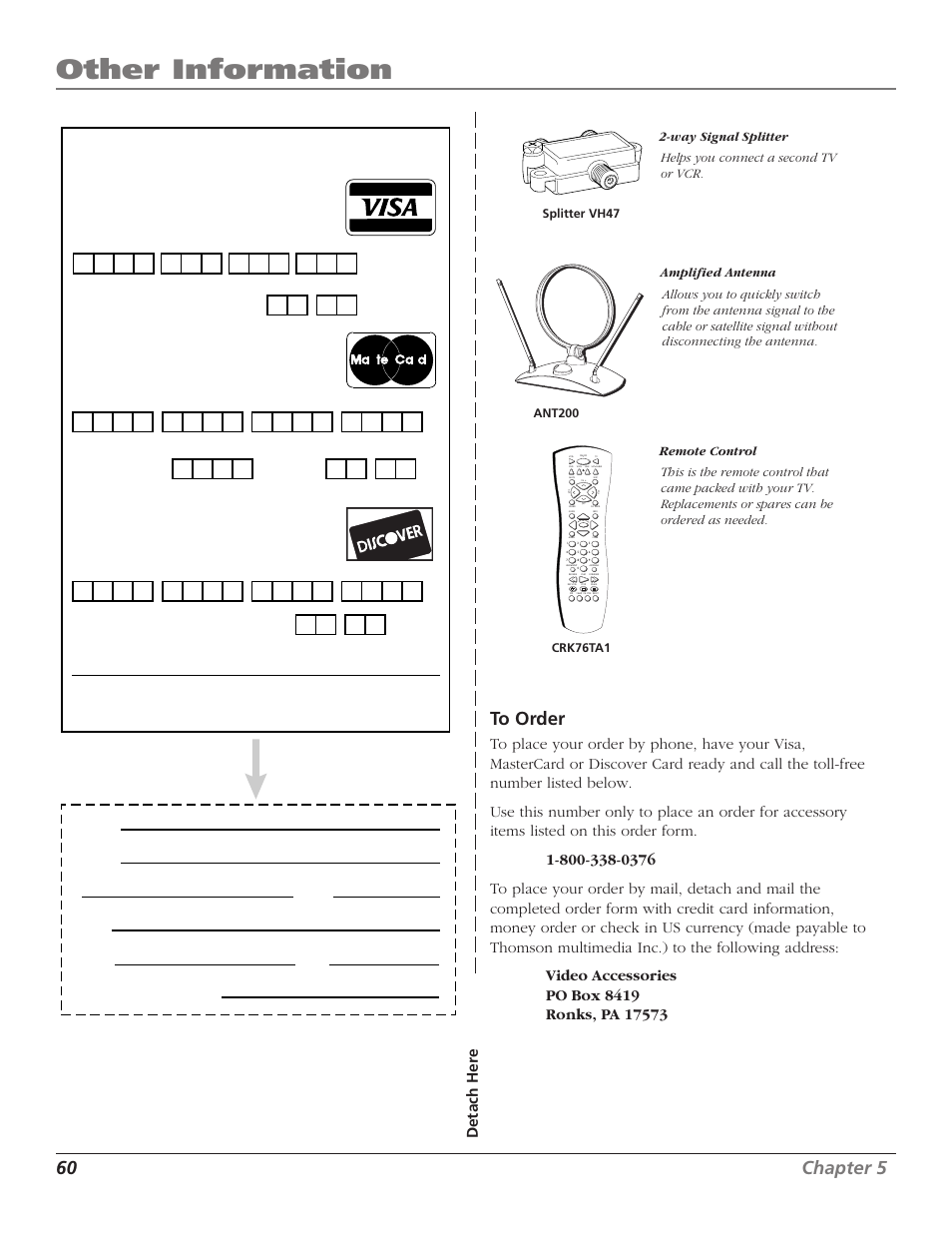 Other information, 60 chapter 5 to order, Detach her e | Use your credit card, Daytime phone number | RCA F27669 User Manual | Page 62 / 64